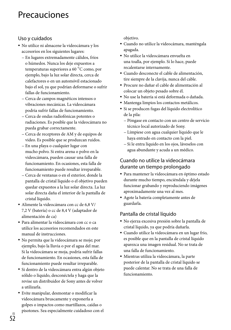 Precauciones, Uso y cuidados, Pantalla de cristal líquido | Sony HDR-CX100 User Manual | Page 114 / 124