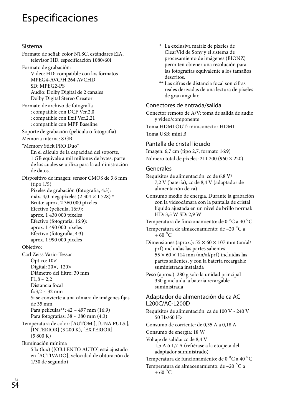 Especificaciones | Sony HDR-CX100 User Manual | Page 116 / 124