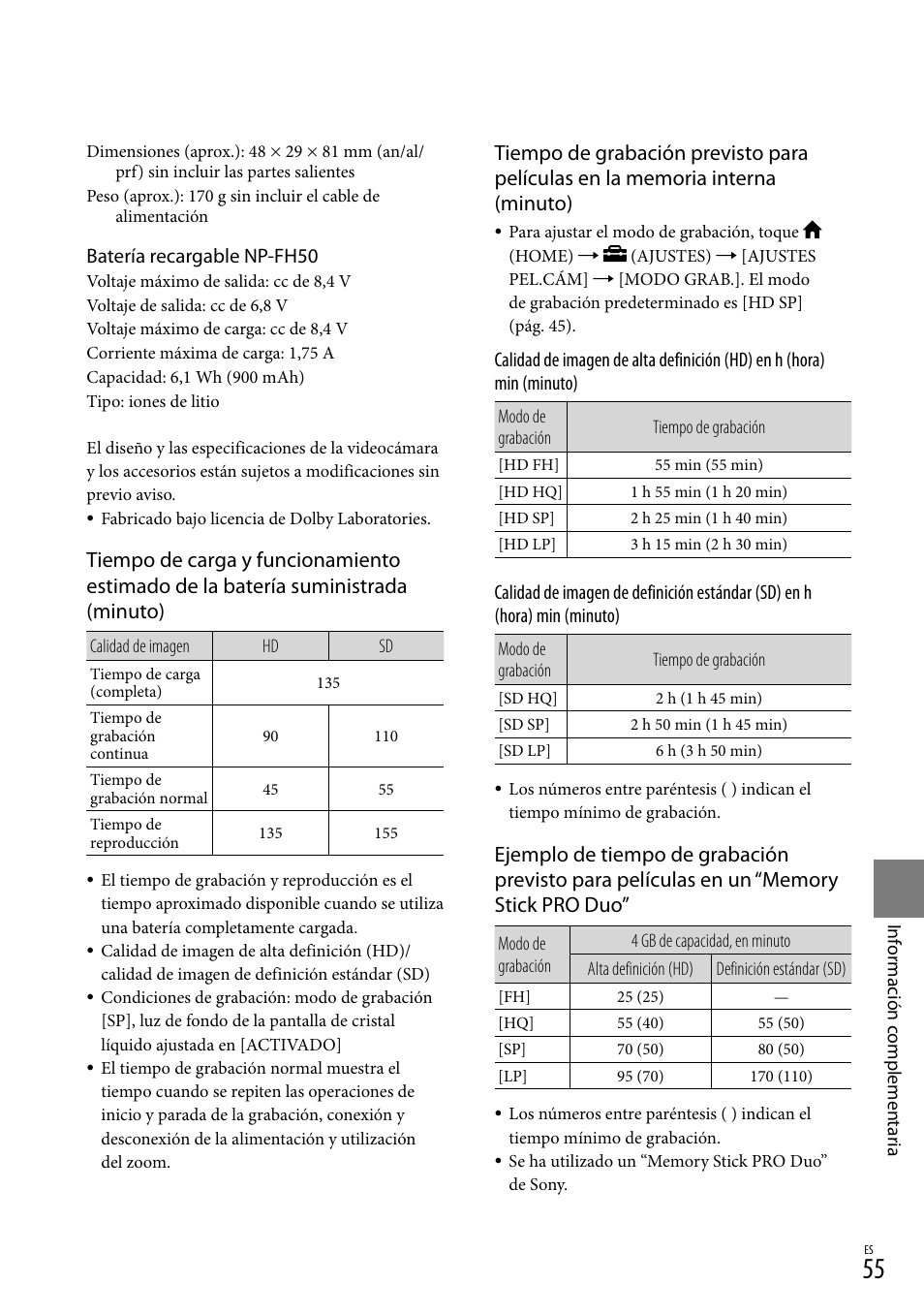 A 55 p, Batería recargable np-fh50 | Sony HDR-CX100 User Manual | Page 117 / 124