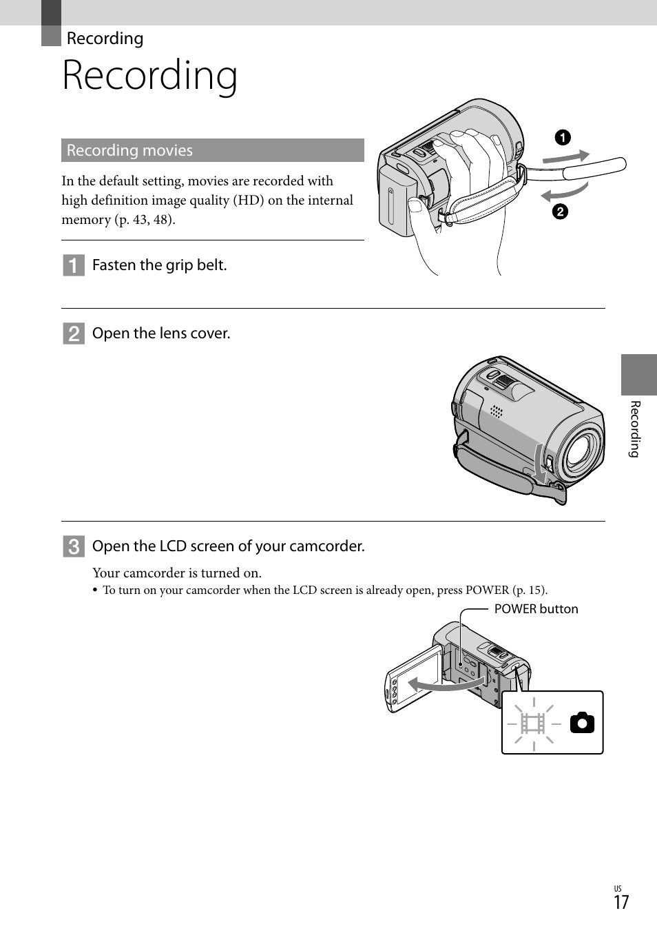 Recording | Sony HDR-CX100 User Manual | Page 17 / 124