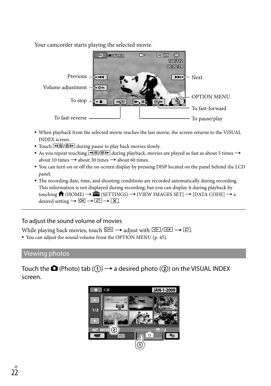 Viewing photos | Sony HDR-CX100 User Manual | Page 22 / 124