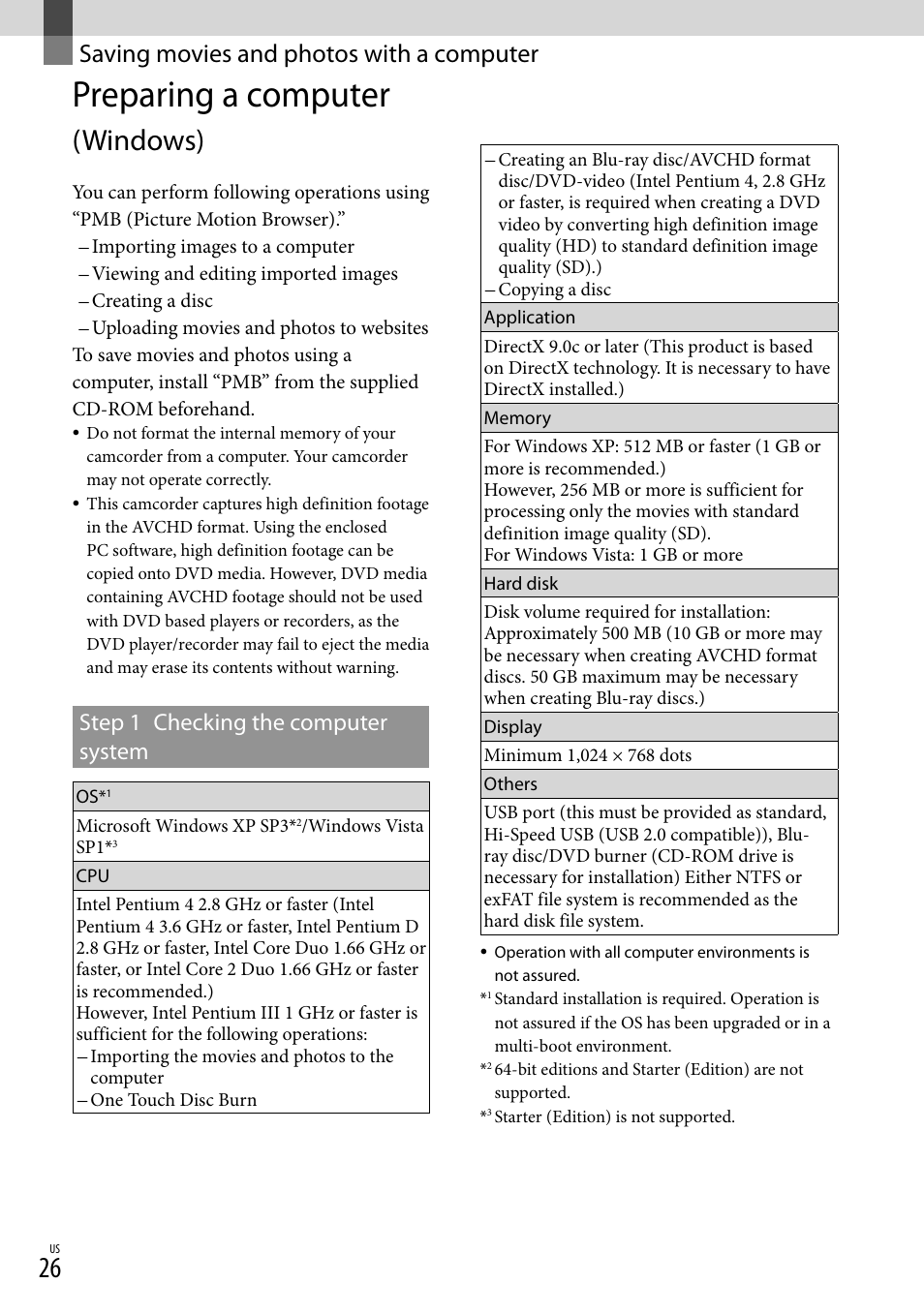 Saving movies and photos with a computer, Preparing a computer (windows), Preparing a computer | Windows), Step 1 checking the computer system | Sony HDR-CX100 User Manual | Page 26 / 124
