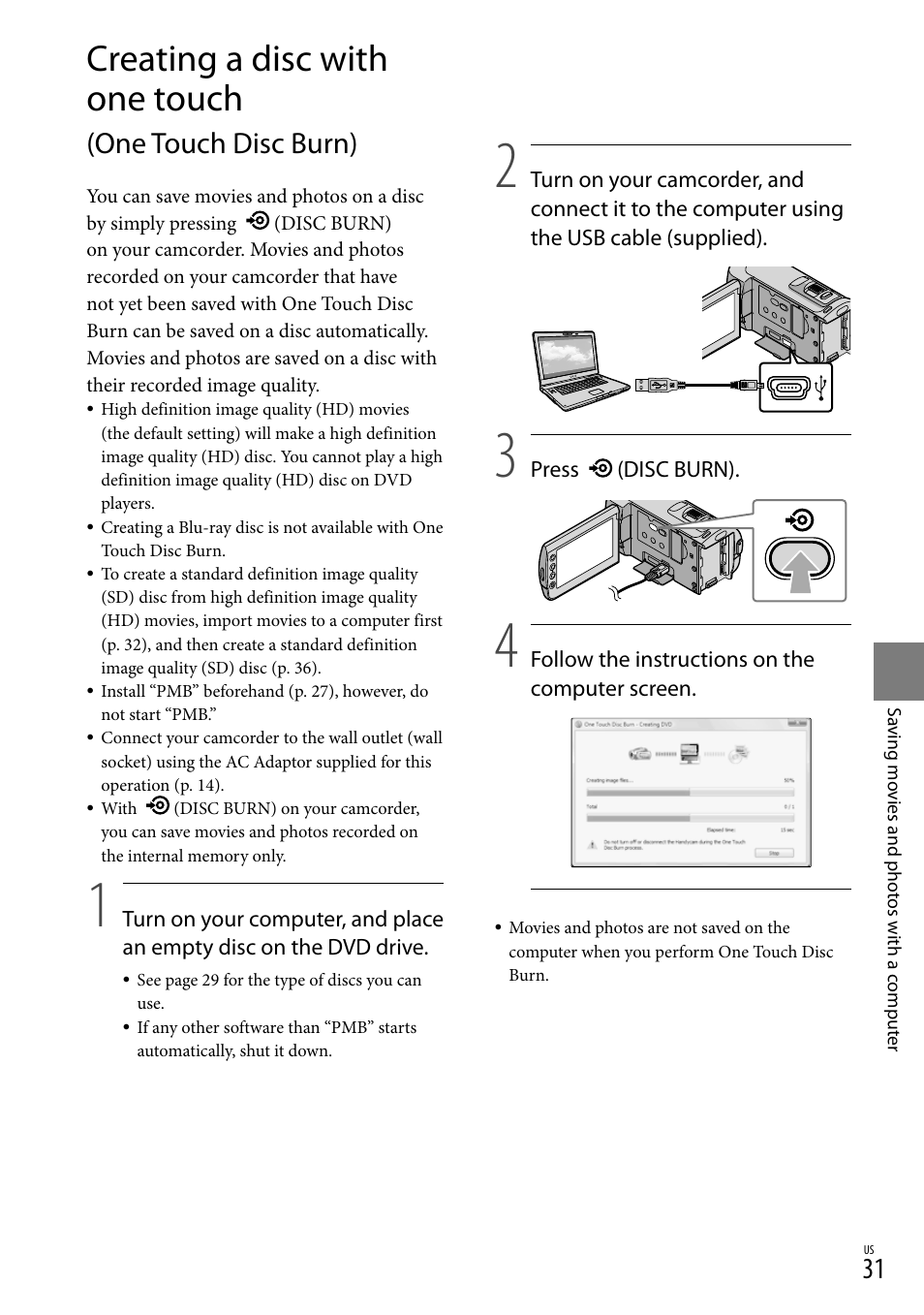 Creating a disc with one touch, One touch disc burn) | Sony HDR-CX100 User Manual | Page 31 / 124
