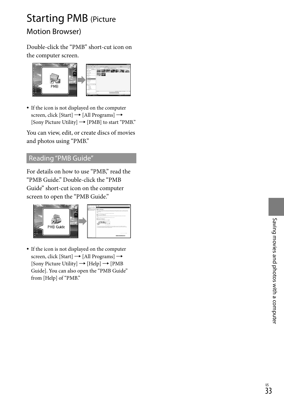 Starting pmb (picture motion browser), Starting pmb, Picture motion browser) | Sony HDR-CX100 User Manual | Page 33 / 124