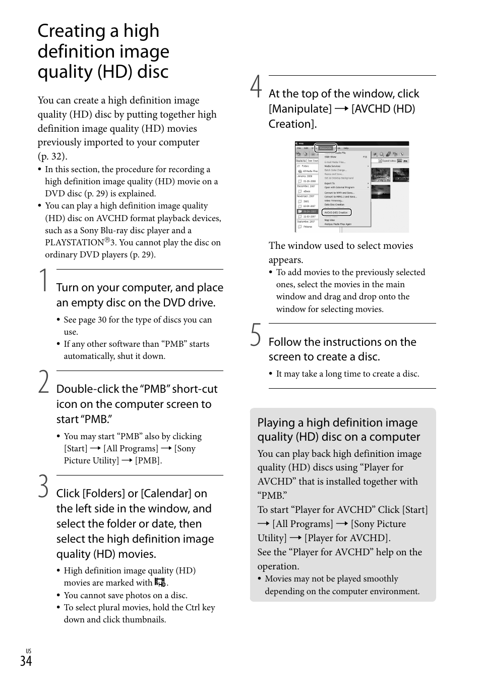 Creating a high definition image quality (hd) disc, 34) o | Sony HDR-CX100 User Manual | Page 34 / 124