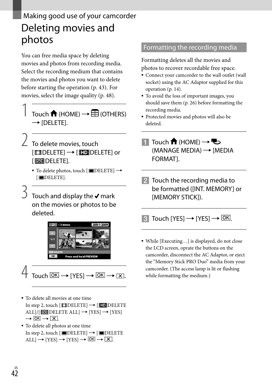 Making good use of your camcorder, Deleting movies and photos | Sony HDR-CX100 User Manual | Page 42 / 124
