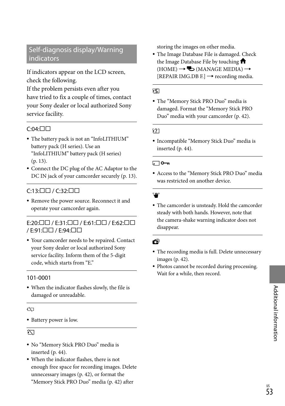 Self-diagnosis display/warning indicators, C:13: / c:32 | Sony HDR-CX100 User Manual | Page 53 / 124