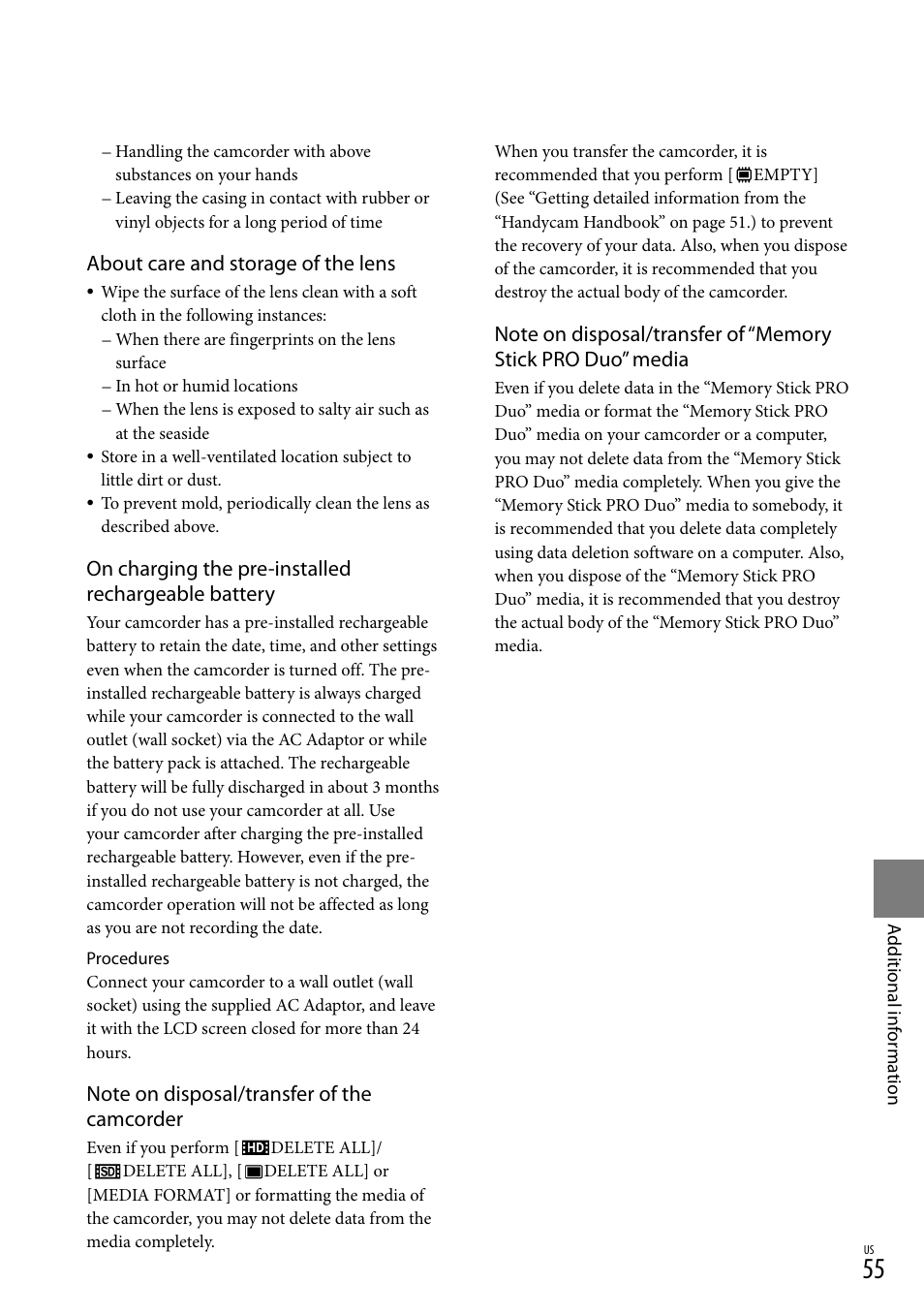 About care and storage of the lens, On charging the pre-installed rechargeable battery | Sony HDR-CX100 User Manual | Page 55 / 124