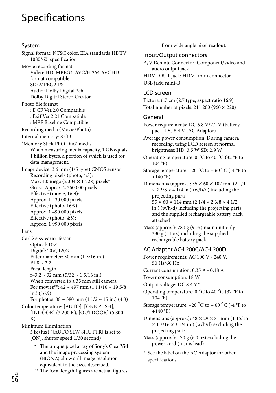 Specifications | Sony HDR-CX100 User Manual | Page 56 / 124