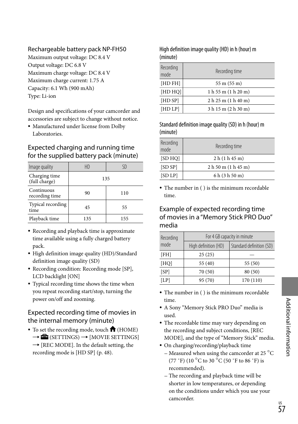 E 57 o, Rechargeable battery pack np-fh50 | Sony HDR-CX100 User Manual | Page 57 / 124