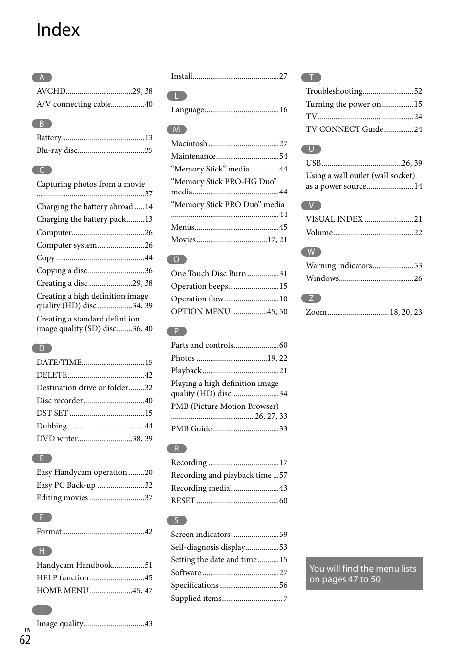 Index | Sony HDR-CX100 User Manual | Page 62 / 124