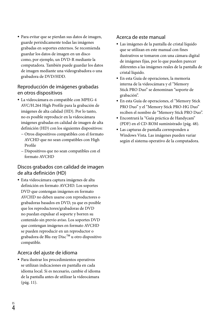 Acerca del ajuste de idioma, Acerca de este manual | Sony HDR-CX100 User Manual | Page 66 / 124