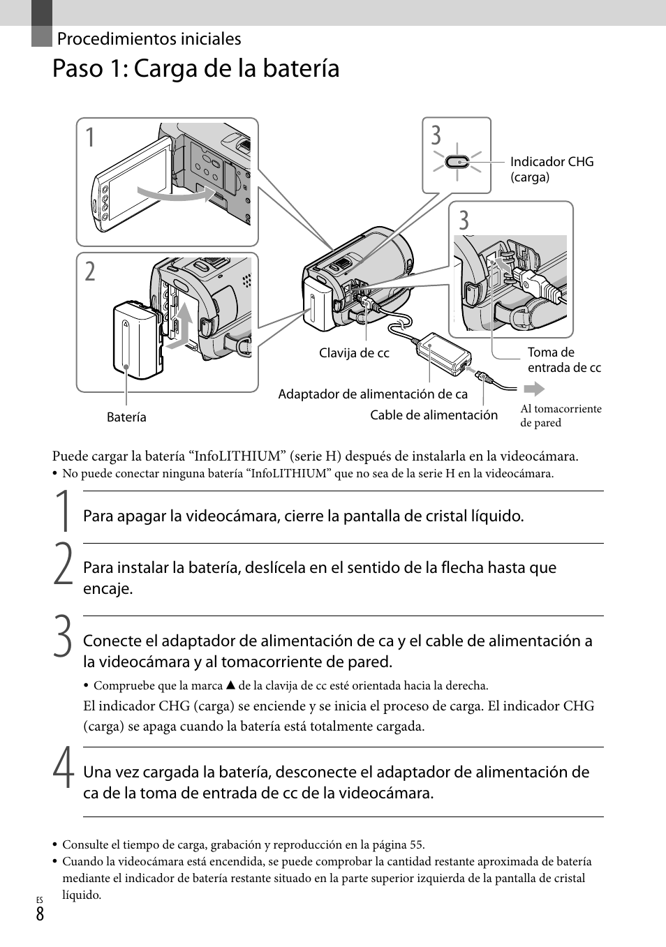 Procedimientos iniciales, Paso 1: carga de la batería | Sony HDR-CX100 User Manual | Page 70 / 124