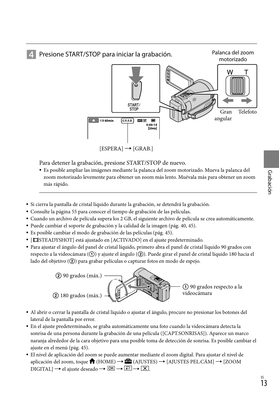 Presione start/stop para iniciar la grabación | Sony HDR-CX100 User Manual | Page 75 / 124