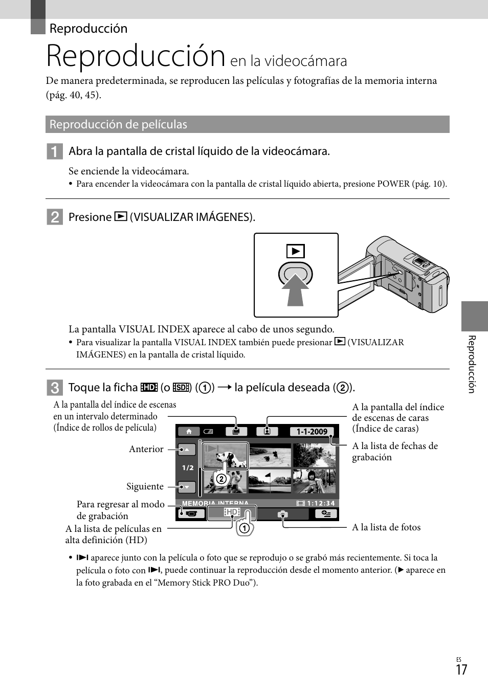 Reproducción, Reproducción en la videocámara, En la videocámara | En.la.videocámara | Sony HDR-CX100 User Manual | Page 79 / 124
