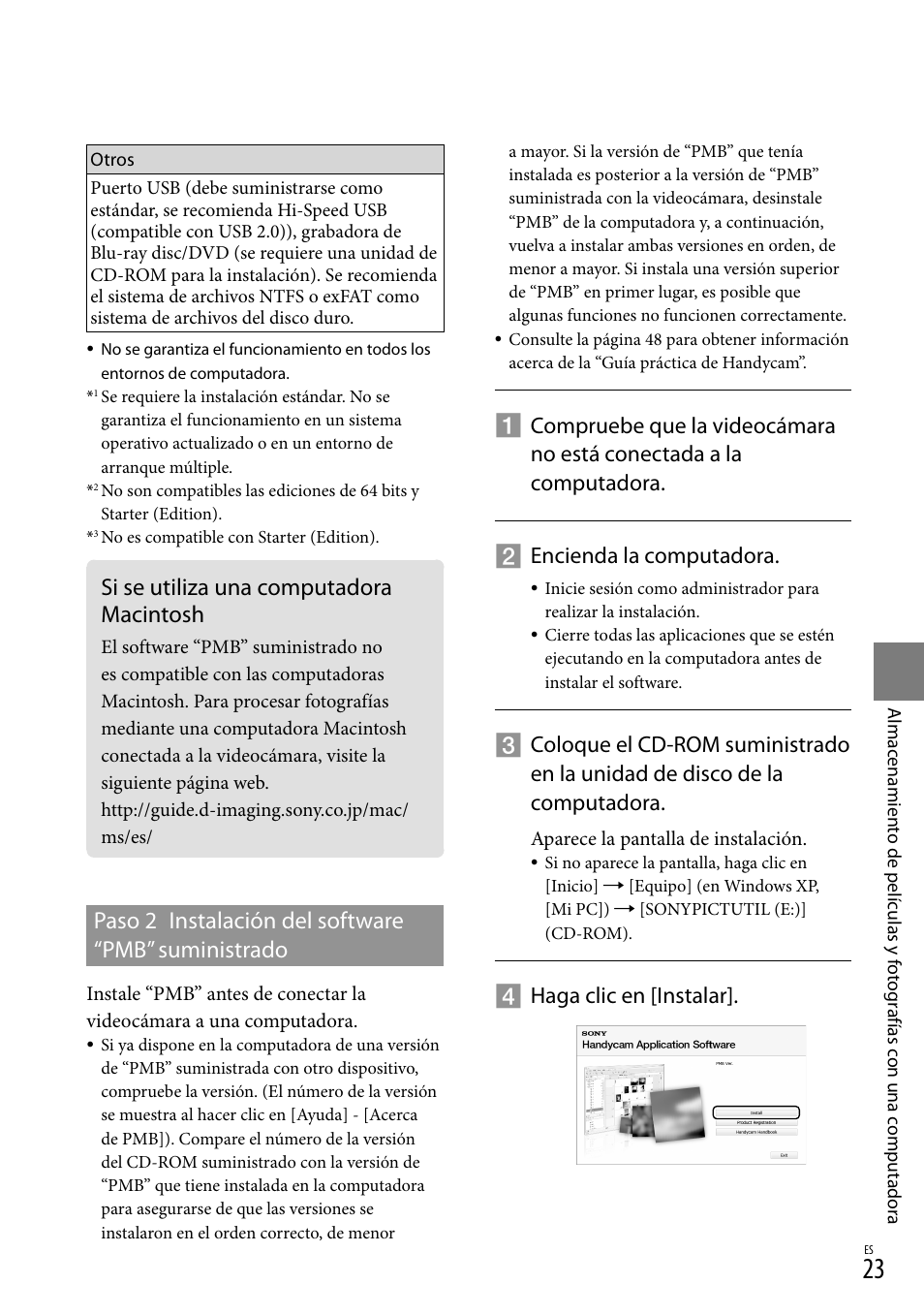 Si se utiliza una computadora macintosh, Paso 2 instalación del software “pmb” suministrado, Haga clic en [instalar | Sony HDR-CX100 User Manual | Page 85 / 124