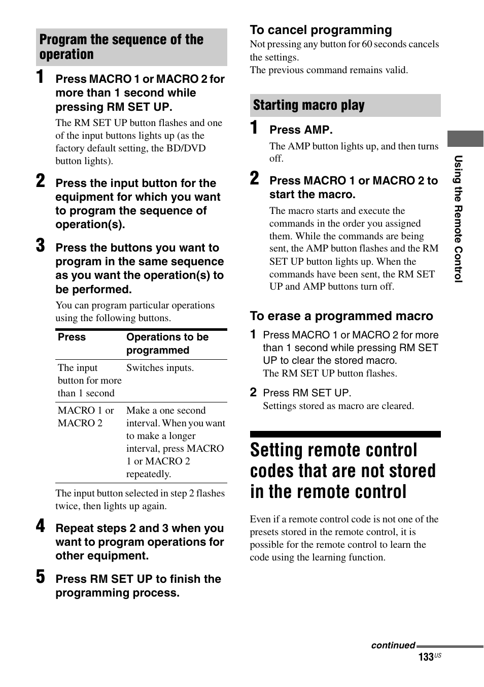 Setting remote control codes that are not, Stored in the remote control, Program the sequence of the operation | Starting macro play | Sony STR-DA5700ES User Manual | Page 133 / 155