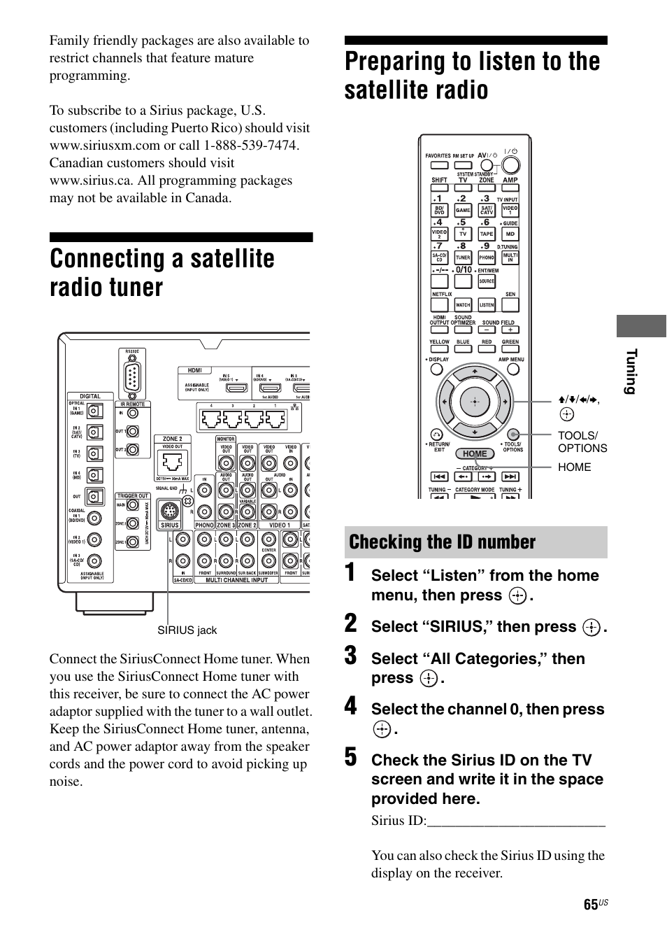 Connecting a satellite radio tuner, Preparing to listen to the satellite radio, Preparing to listen to the satellite radio 1 | Checking the id number | Sony STR-DA5700ES User Manual | Page 65 / 155