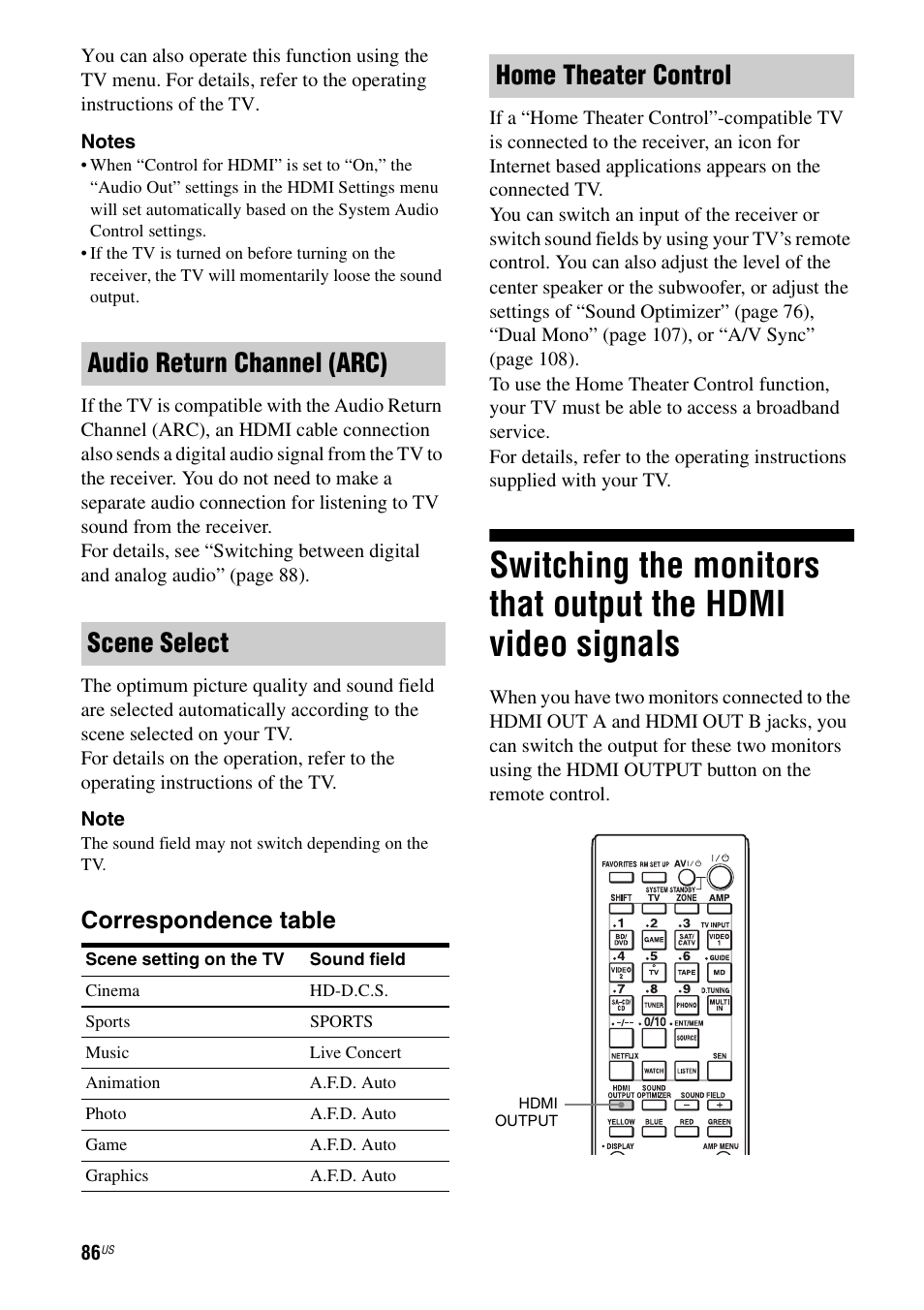 Switching the monitors that output the hdmi, Video signals, Audio return channel (arc) scene select | Home theater control, Correspondence table | Sony STR-DA5700ES User Manual | Page 86 / 155