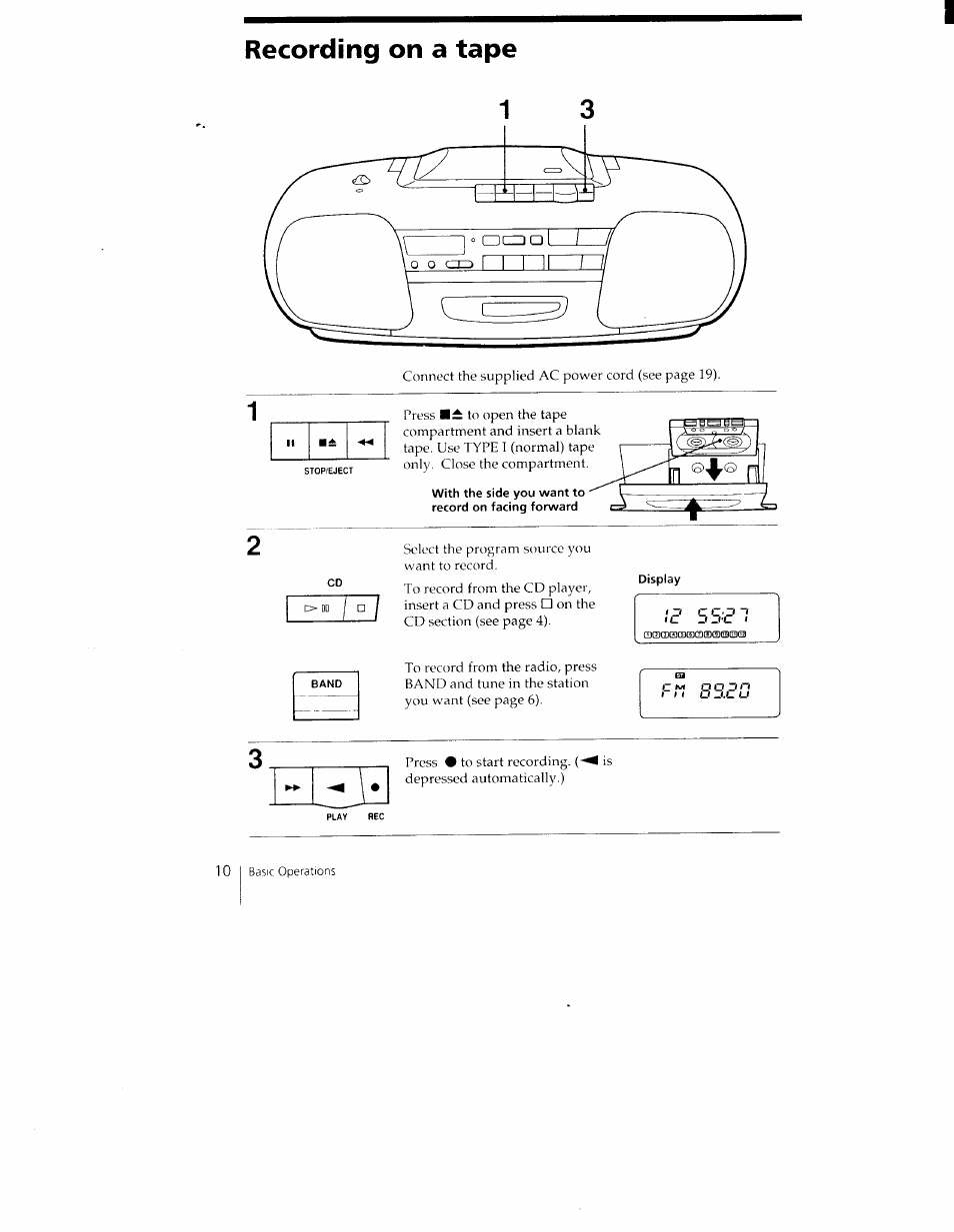 Recording on a tape, With the side you want to record on facing forward | Sony CFD-350 User Manual | Page 10 / 27