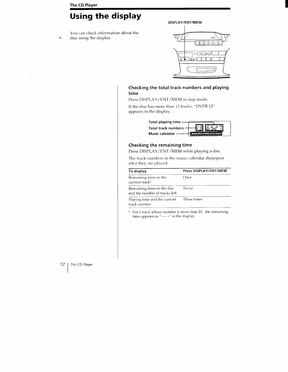 Using the display, Total playing time, Total track numbers music calendar | Sony CFD-350 User Manual | Page 12 / 27