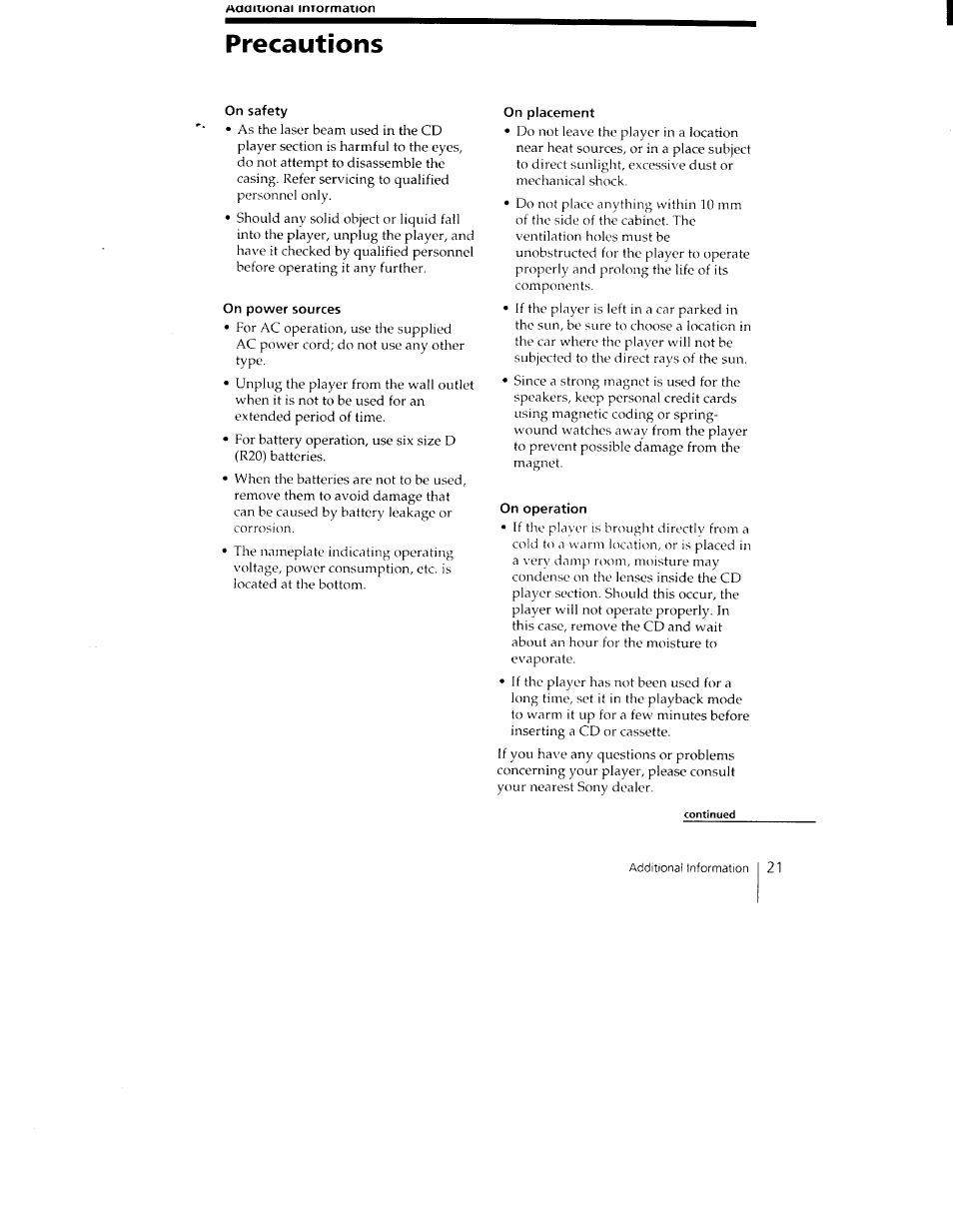 Aaaitionai inrormation, Precautions, On safety | On power sources, On placement, On operation | Sony CFD-350 User Manual | Page 21 / 27