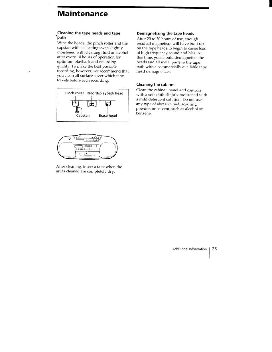 Maintenance, Cleaning the tape heads and tape “^path, Demagnetizing the tape heads | Cleaning the cabinet | Sony CFD-350 User Manual | Page 25 / 27