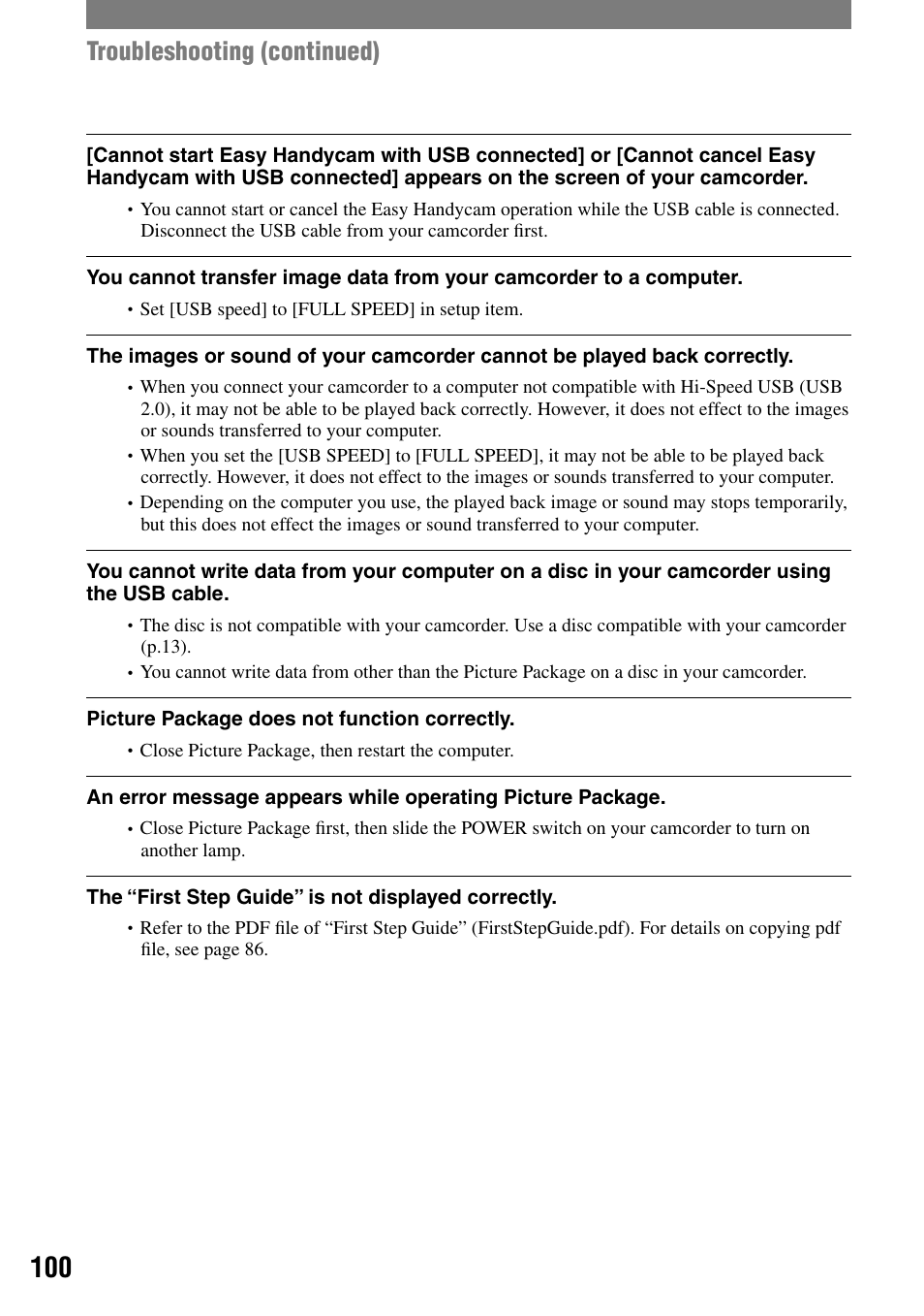 Troubleshooting (continued) | Sony DCR-DVD203 User Manual | Page 100 / 119