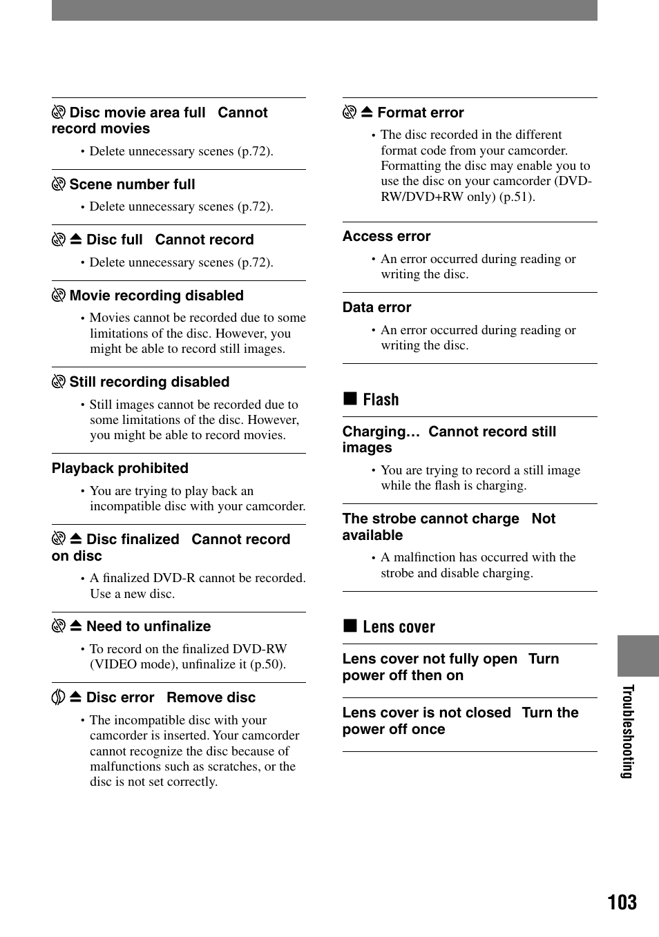 Flash, Lens cover | Sony DCR-DVD203 User Manual | Page 103 / 119
