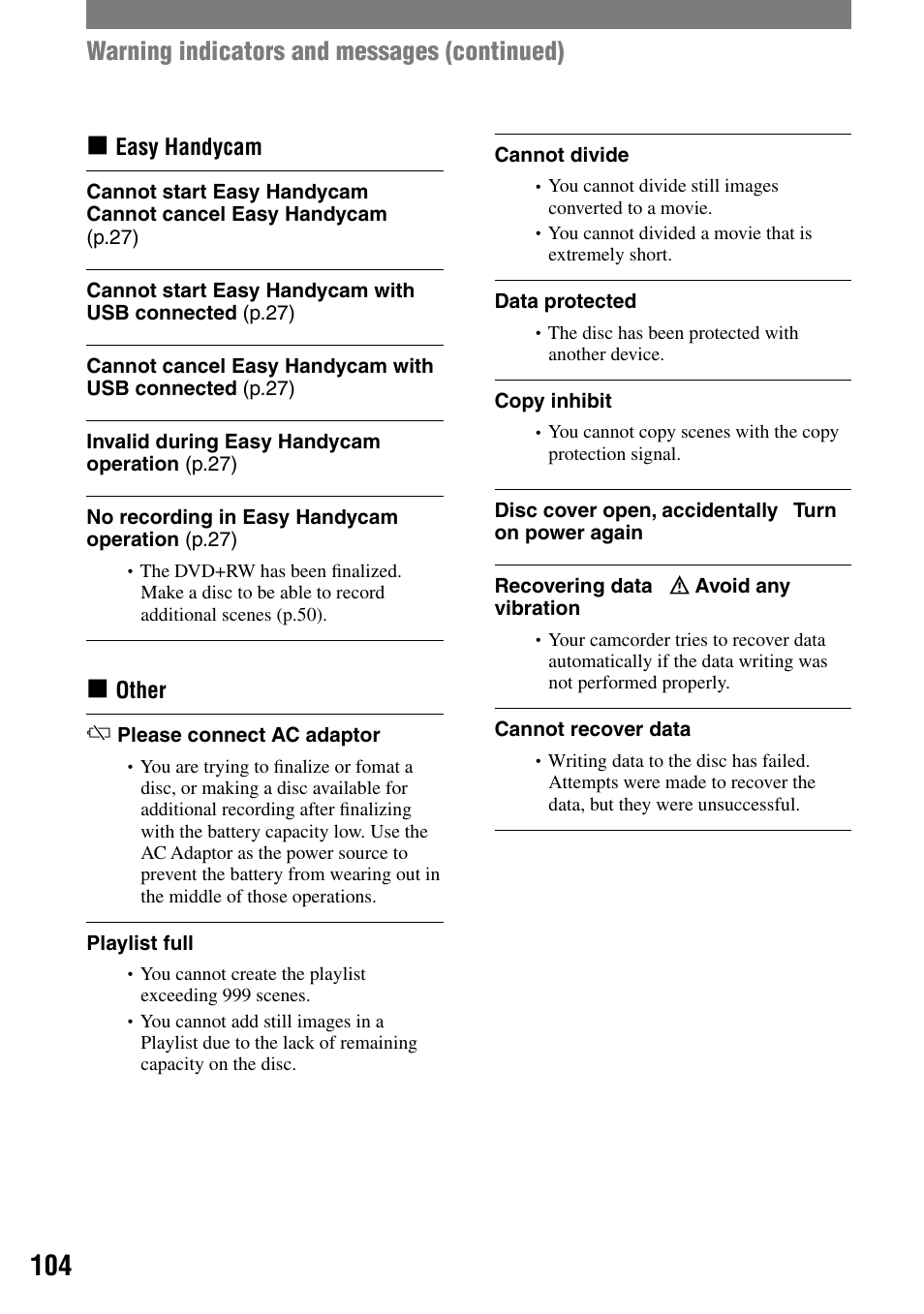 Warning indicators and messages (continued) | Sony DCR-DVD203 User Manual | Page 104 / 119