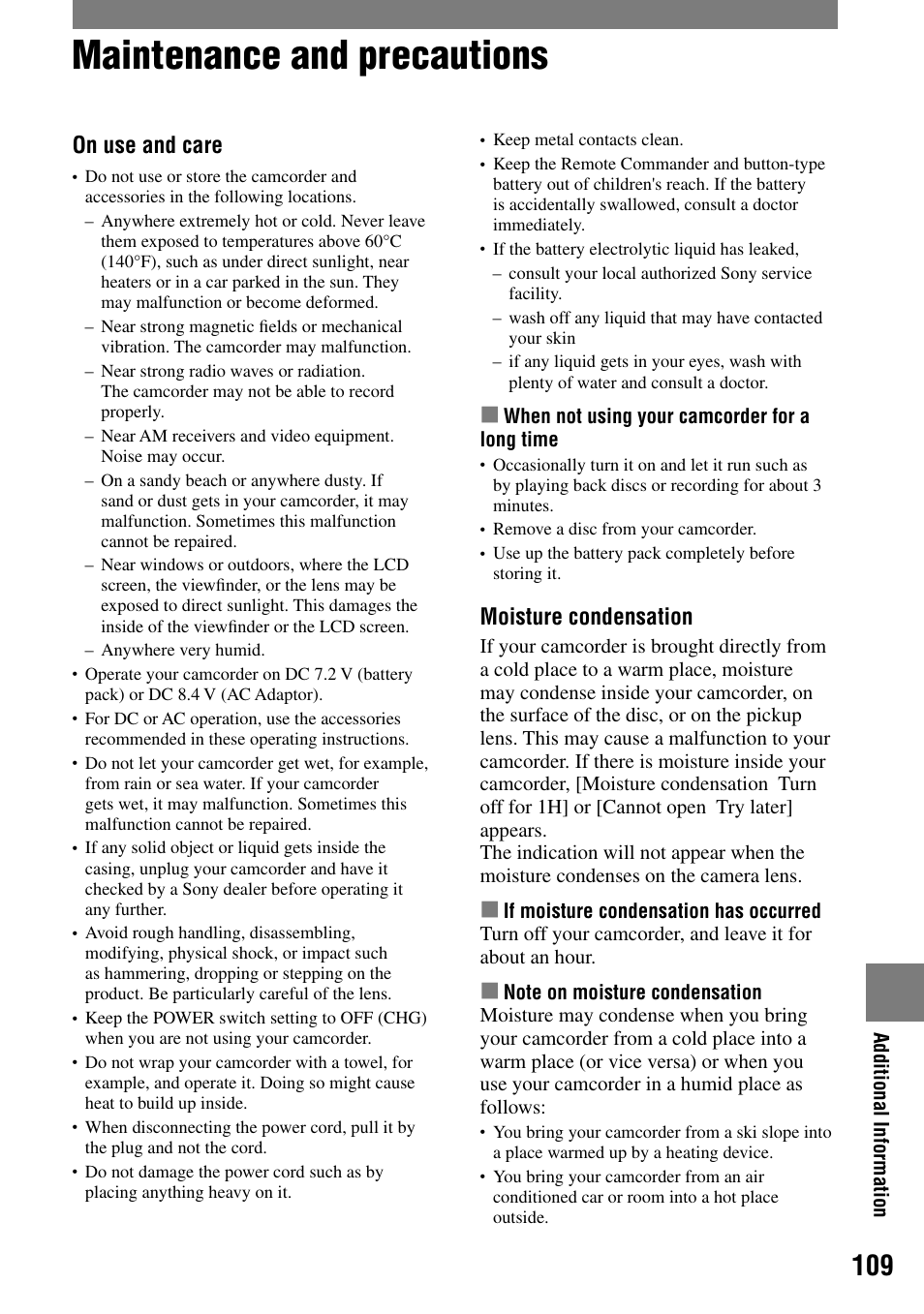 Maintenance and precautions, Moisture condensation, On use and care | Sony DCR-DVD203 User Manual | Page 109 / 119