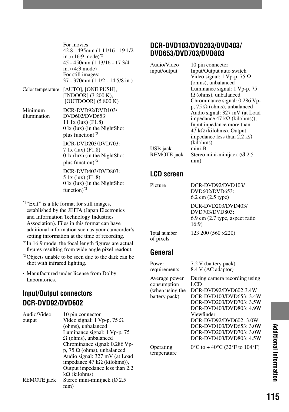 Lcd screen, General | Sony DCR-DVD203 User Manual | Page 115 / 119