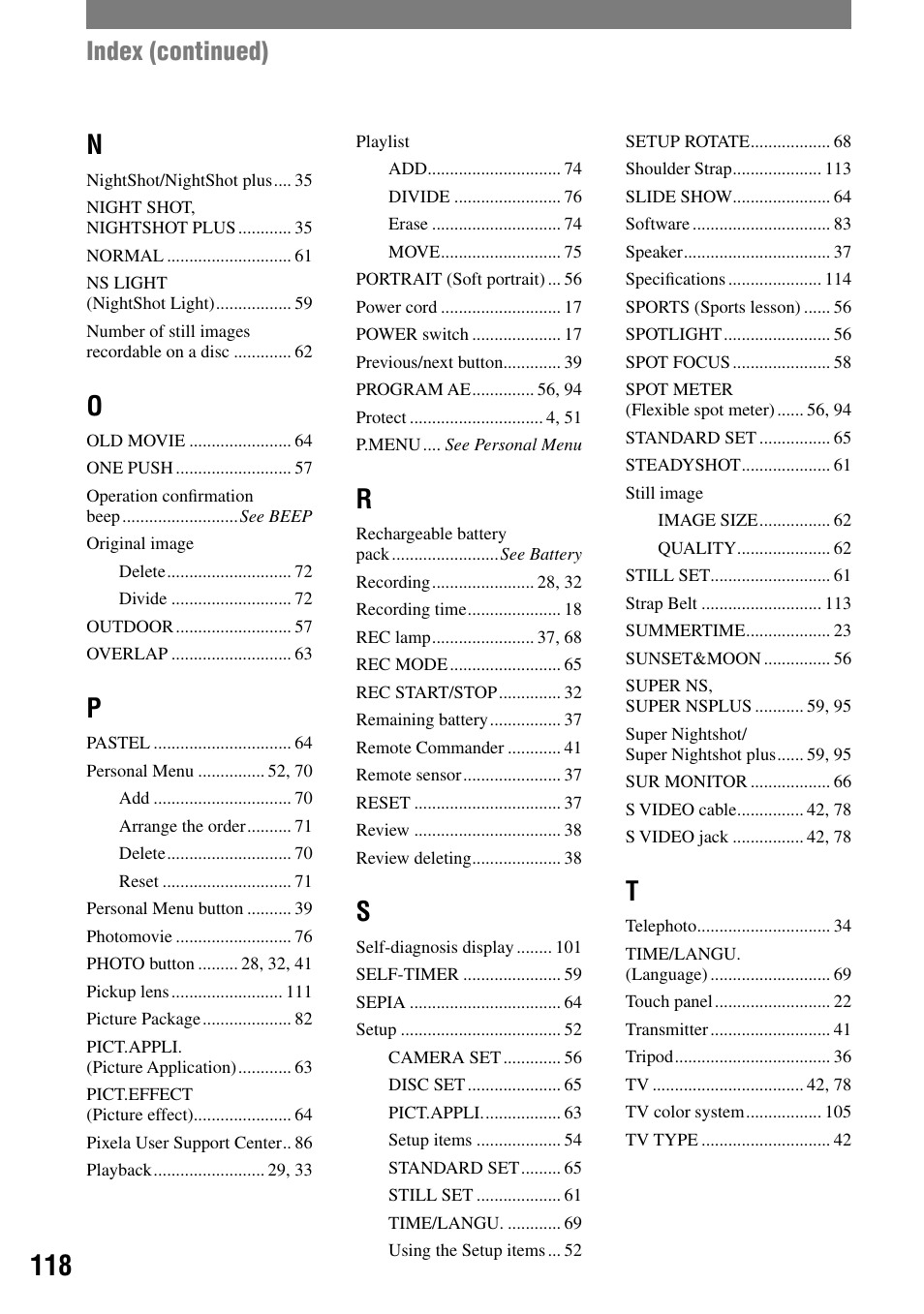 Index (continued) | Sony DCR-DVD203 User Manual | Page 118 / 119