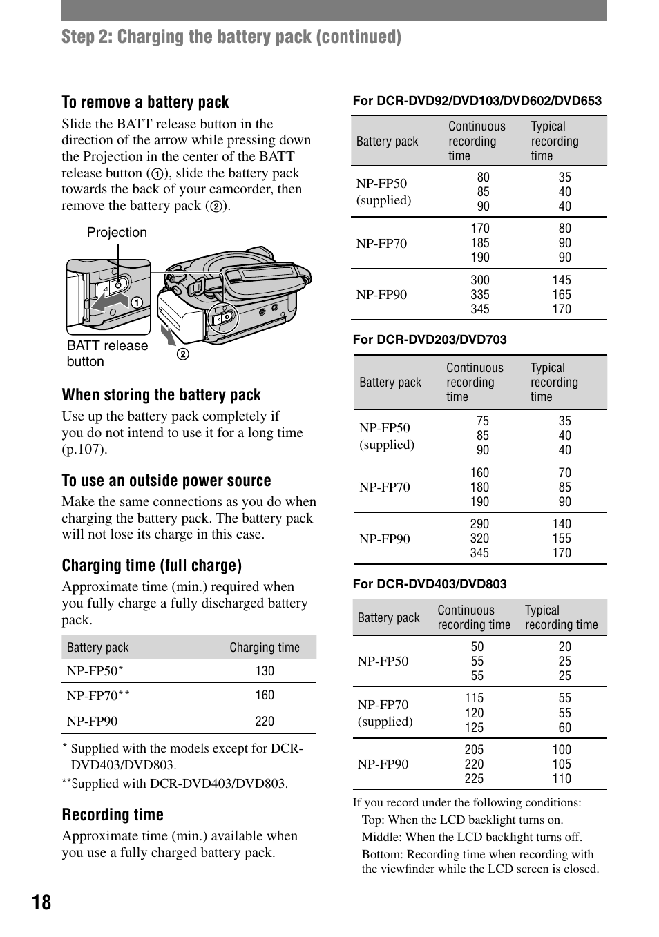 Step 2: charging the battery pack (continued), When storing the battery pack, Charging time (full charge) | Recording time | Sony DCR-DVD203 User Manual | Page 18 / 119