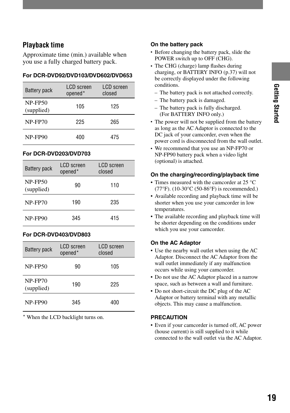 Playback time | Sony DCR-DVD203 User Manual | Page 19 / 119