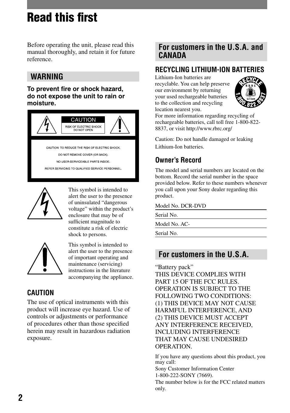 Read this first, Read this ﬁrst, Warning | For customers in the u.s.a. and canada, For customers in the u.s.a | Sony DCR-DVD203 User Manual | Page 2 / 119