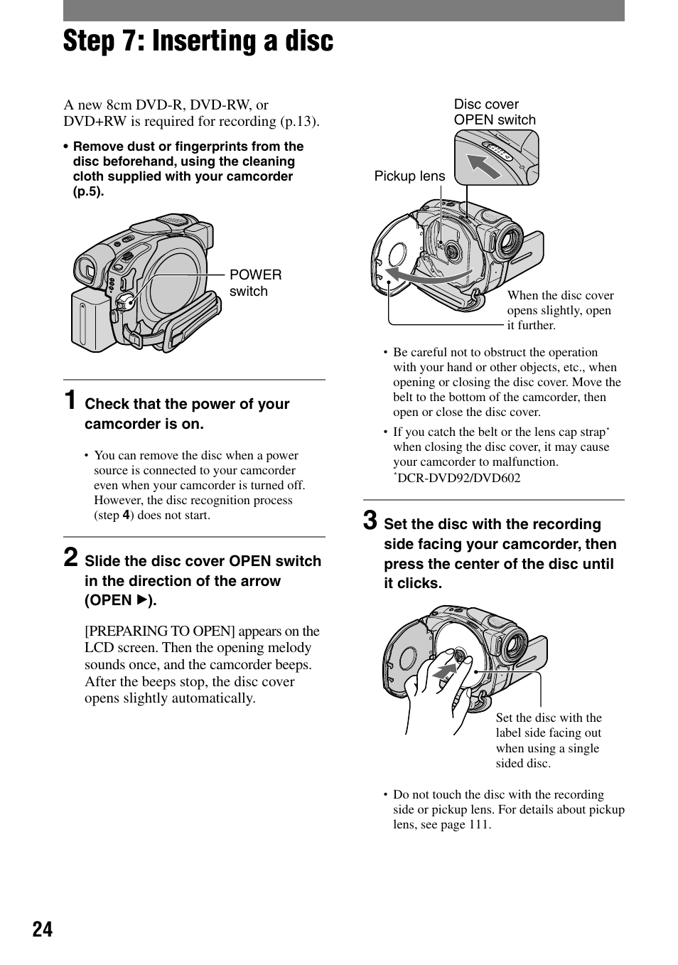 Step 7: inserting a disc | Sony DCR-DVD203 User Manual | Page 24 / 119