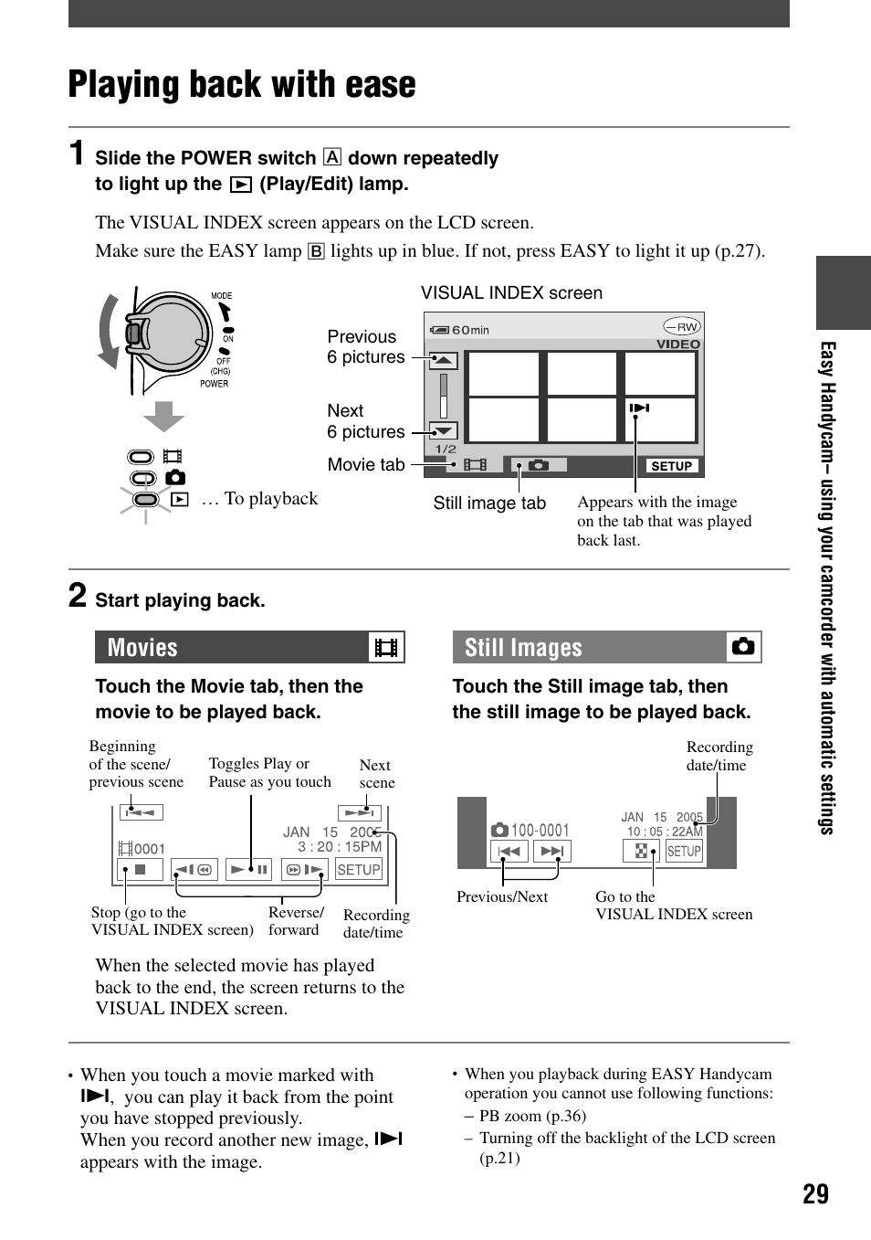 Playing back with ease, Movies still images | Sony DCR-DVD203 User Manual | Page 29 / 119