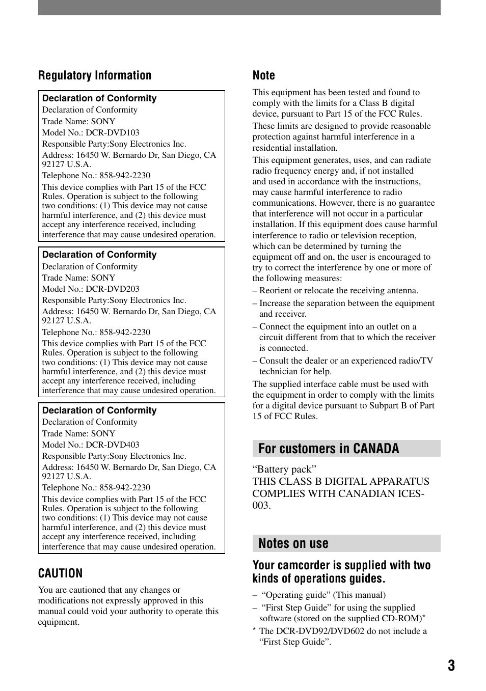 For customers in canada, Regulatory information, Caution | Sony DCR-DVD203 User Manual | Page 3 / 119