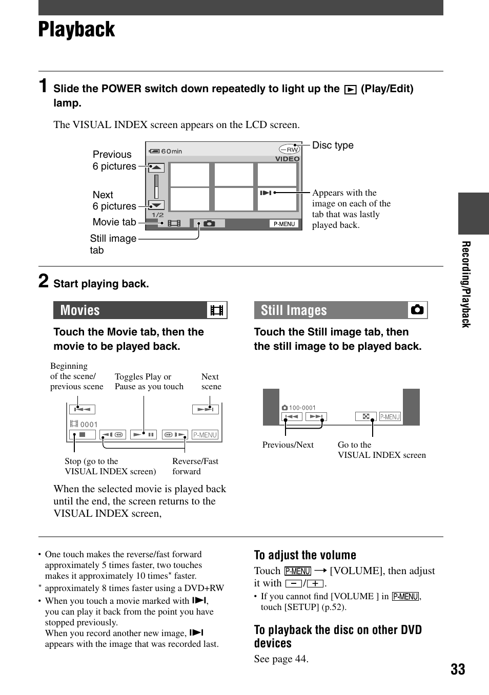 Playback, Movies still images | Sony DCR-DVD203 User Manual | Page 33 / 119