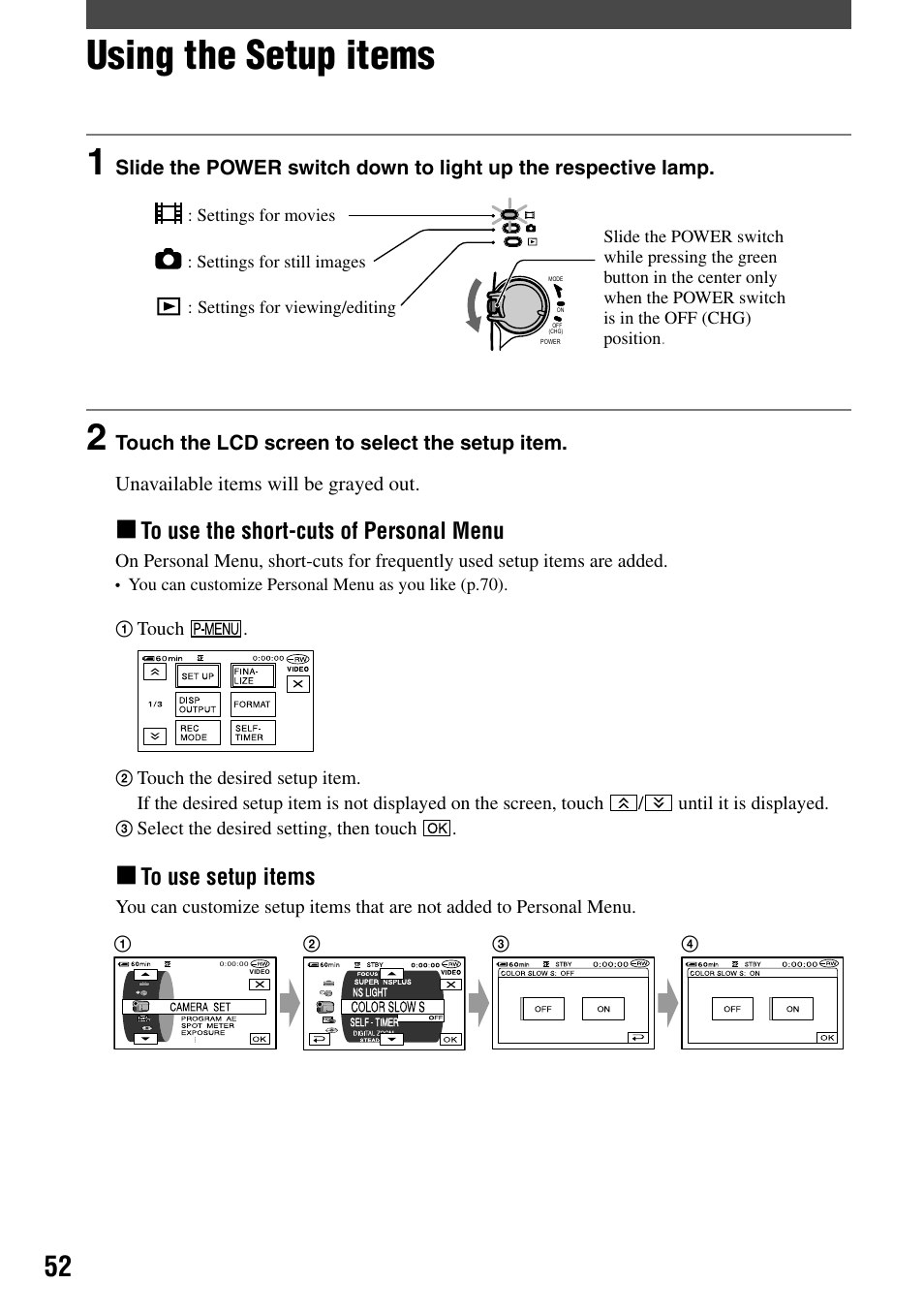 Using the setup items | Sony DCR-DVD203 User Manual | Page 52 / 119
