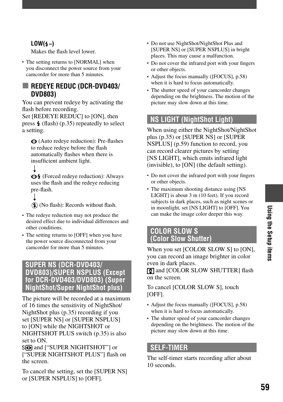 Ns light (nightshot light), Color slow s (color slow shutter), Self-timer | Sony DCR-DVD203 User Manual | Page 59 / 119