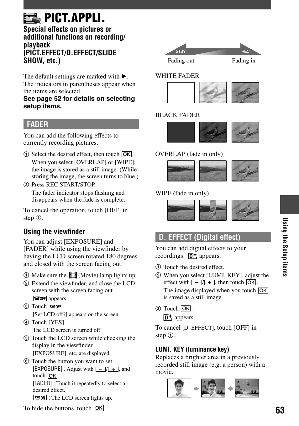 Pict.appli, Fader, D. effect (digital effect) | Sony DCR-DVD203 User Manual | Page 63 / 119
