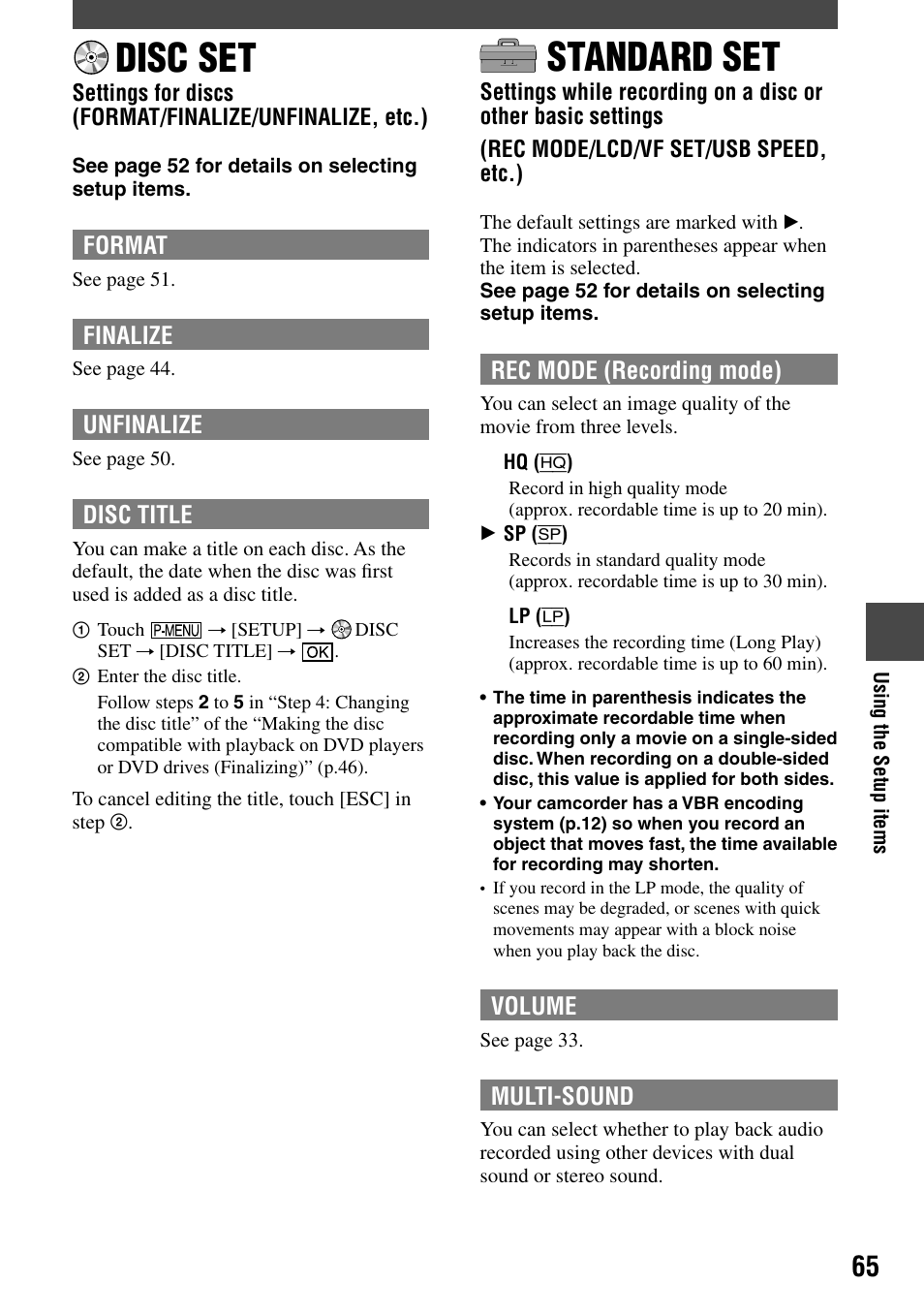 Disc set, Standard set | Sony DCR-DVD203 User Manual | Page 65 / 119