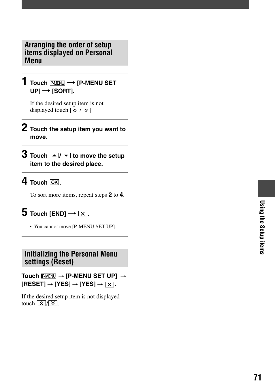 Initializing the personal menu settings (reset) | Sony DCR-DVD203 User Manual | Page 71 / 119