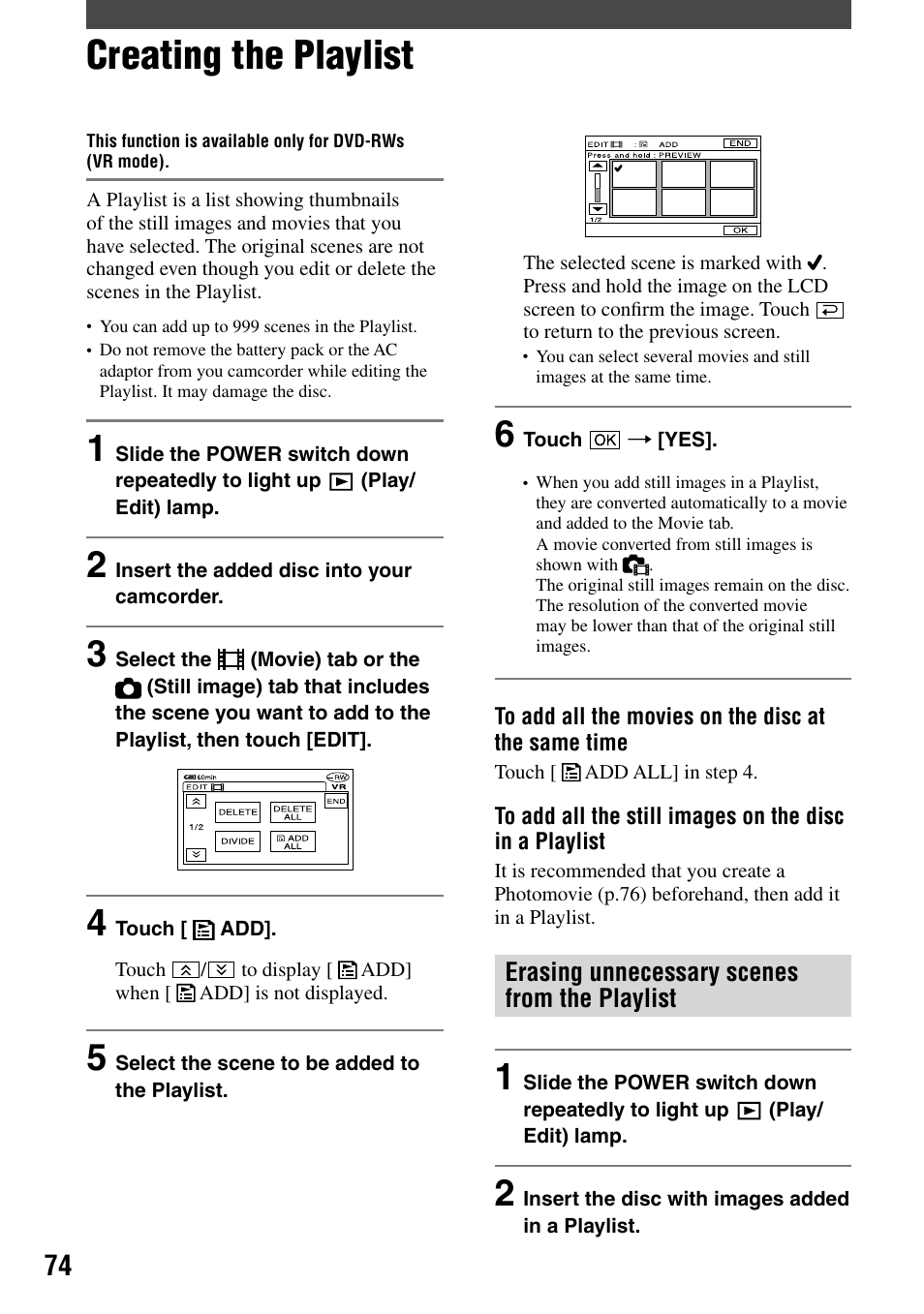 Creating the playlist | Sony DCR-DVD203 User Manual | Page 74 / 119