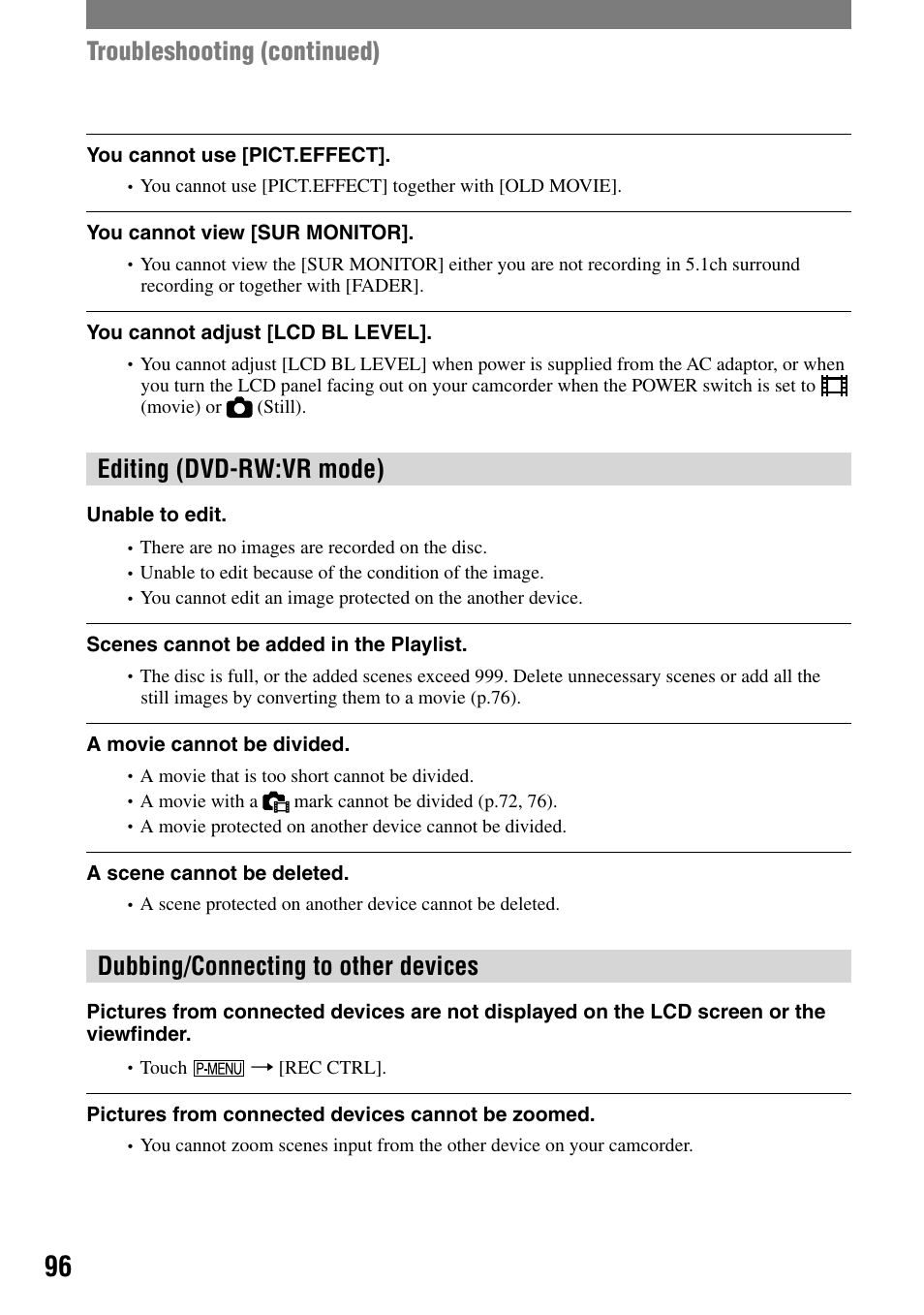 Troubleshooting (continued), Editing (dvd-rw:vr mode), Dubbing/connecting to other devices | Sony DCR-DVD203 User Manual | Page 96 / 119