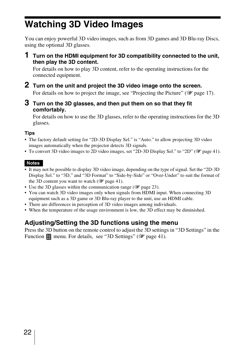 Watching 3d video images | Sony VPL-HW40ES User Manual | Page 22 / 79