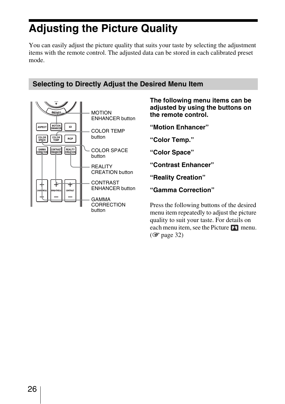 Adjusting the picture quality, Selecting to directly adjust the desired menu item | Sony VPL-HW40ES User Manual | Page 26 / 79