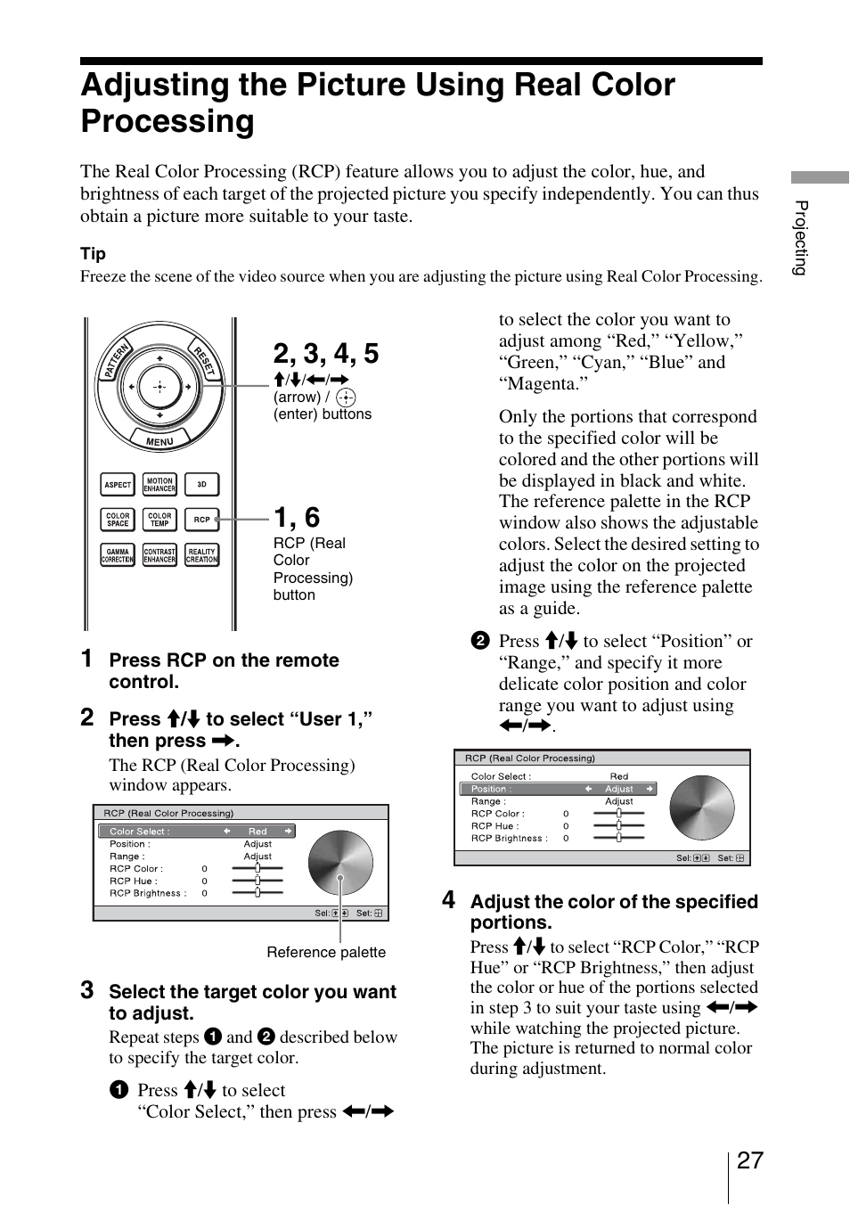 Adjusting the picture using real color processing | Sony VPL-HW40ES User Manual | Page 27 / 79